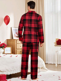 Men'S 1Set Valentine'S Day Plaid Casual Turn-Down Collar Top & Pants Pajama Set Cozy and Elegant Details, Fall Clothes