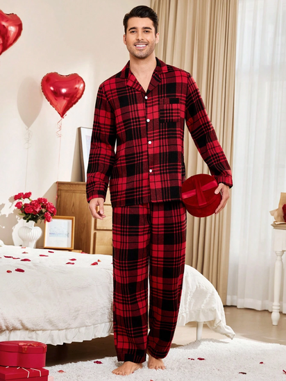 Men'S 1Set Valentine'S Day Plaid Casual Turn-Down Collar Top & Pants Pajama Set Cozy and Elegant Details, Fall Clothes