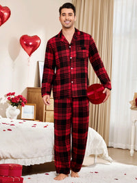 Men'S 1Set Valentine'S Day Plaid Casual Turn-Down Collar Top & Pants Pajama Set Cozy and Elegant Details, Fall Clothes